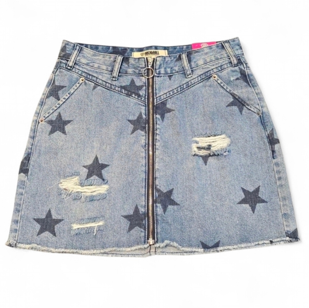 Rock & Roll Star Print Light Wash Denim Skirt Size‎ 28